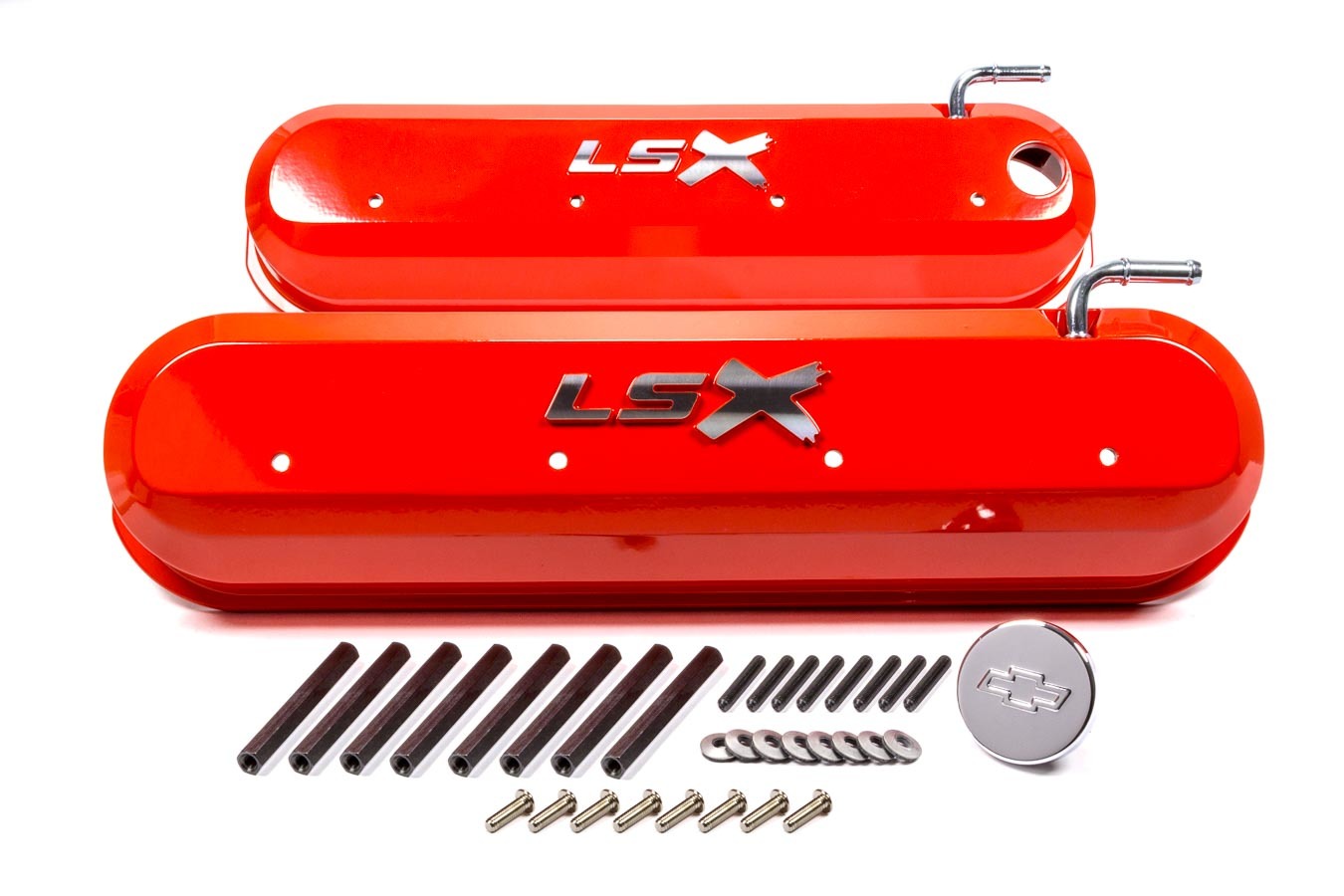 PROFORM Valve Cover, Slant-Edge, Tall, Baffled, Breather Hole, Raised LSX Logo, Aluminum, Orange, GM LS-Series, Pair