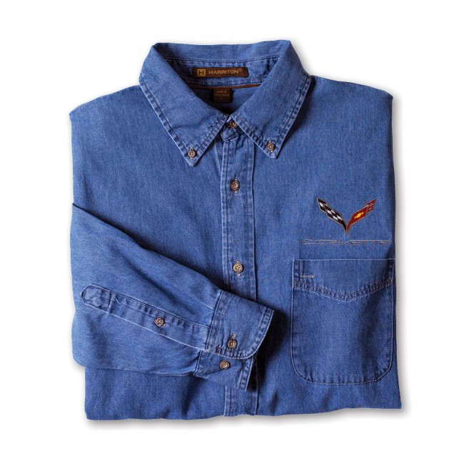 Corvette, Mens C7 Corvette Flag Logo Denim Shirt - Denim Corvette, Mens C7 Corvette Flag Logo Denim Shirt - Denim